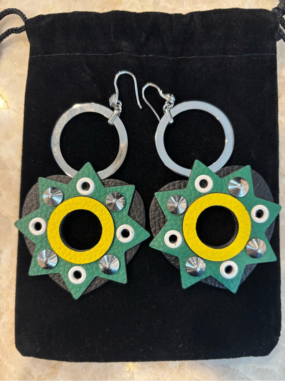 Henri Bendel Leather Studded Heart-Shaped Green & Yellow Drop Earrings
